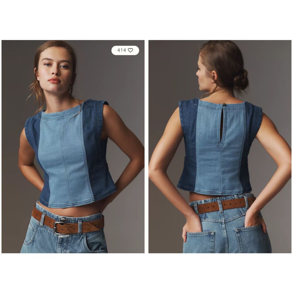 NWT Pilcro Anthropologie Two Tone Colorblock Denim Top Zip Back Small